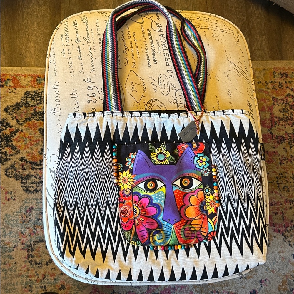 Laurel Burch Blossoming Feline Tote Bag Beaded Vibrant Black White Zig Zag